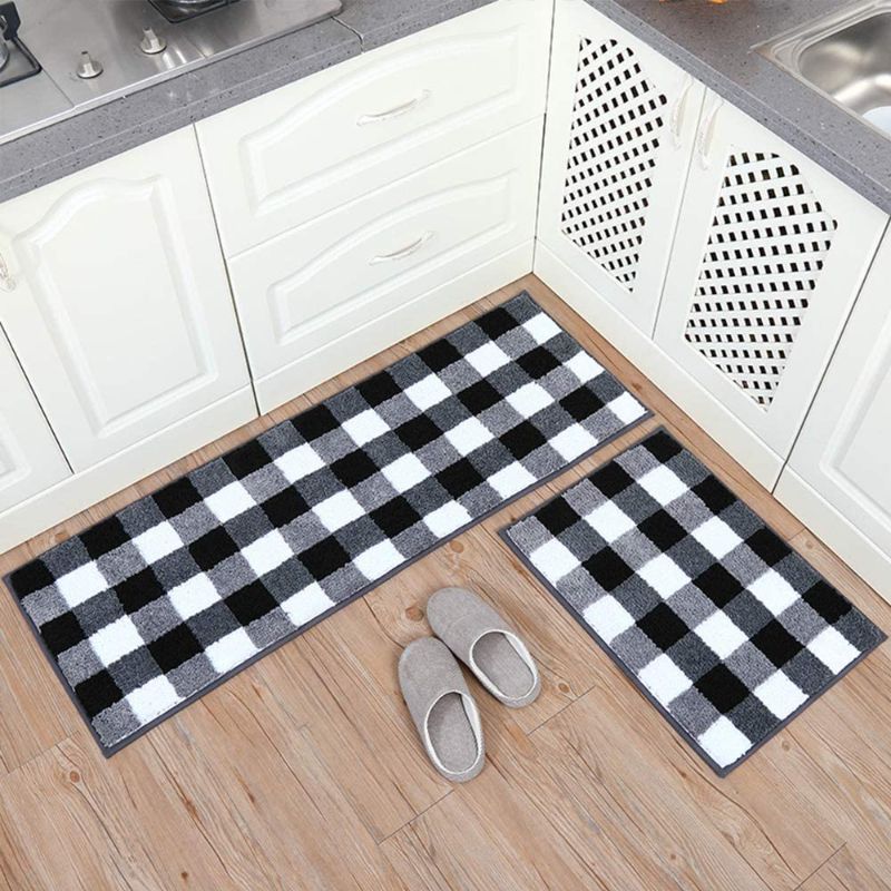 Photo 1 of Carvapet 2 Pieces Buffalo Plaid Check Rug Set Water Absorb Microfiber Non-Slip Kitchen Rug Bathroom Mat Checkered Doormat Carpet for Laundry 17"x48"+17"x24", Black and White