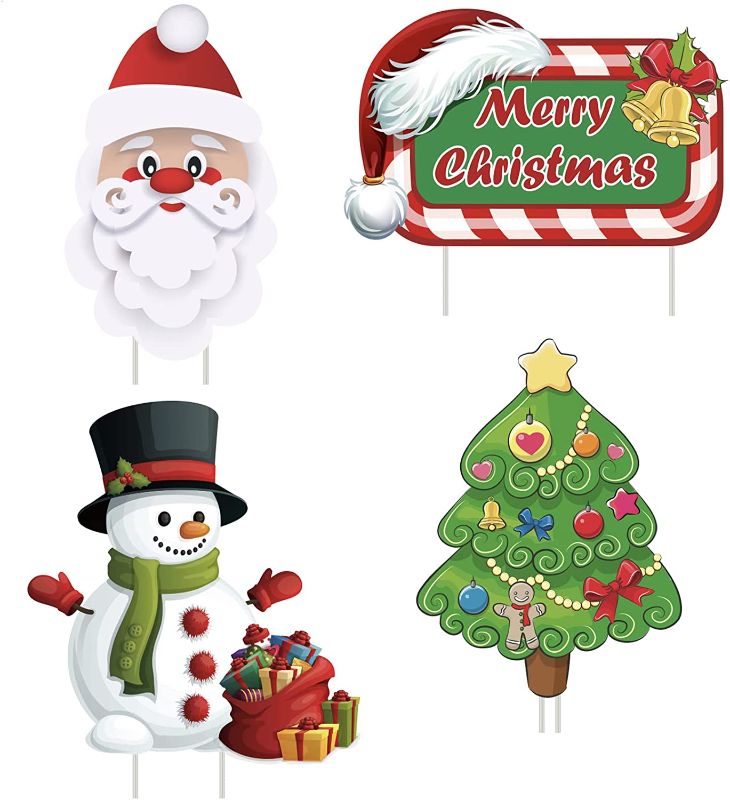 Photo 1 of Alimtois Christmas Decorations Outdoor Yard, 4 Pack Waterproof Reusable Yard Sign Stakes Snowman Santa Claus Christmas Tree and Merry Christmas Sign, for Home Lawn Pathway Walkway Themed Party