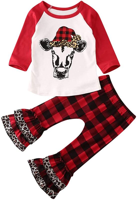 Photo 1 of Toddler Kids Baby Girls Christmas Outfits Ruffles Long Sleeve Top Blouse Plaid Bell-Bottom Pants Clothes Set (SIZE 100 APPROX 2-3T) 
