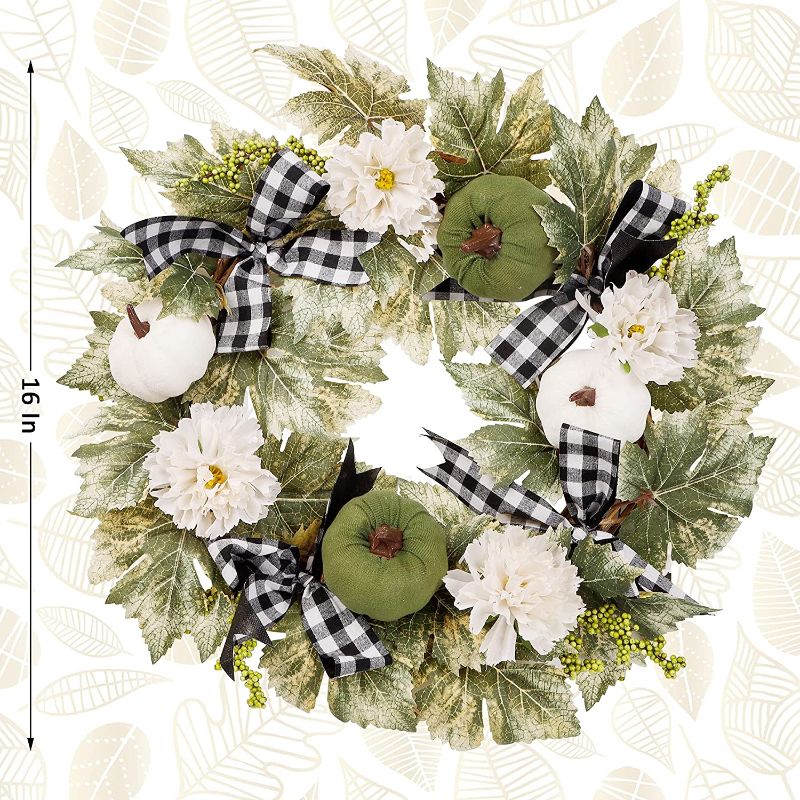 Photo 1 of Brwoynn Fall Door Wreath, Thanksgiving Harvest Door Wreath for Front Door with Black & White Buffalo Plaid, Artificial Wreath for Fall Autumn Harvest Thanksgiving Farmhouse Decorations
