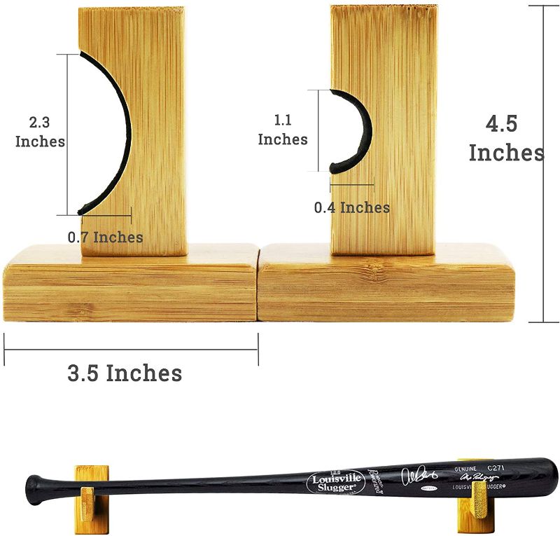 Photo 2 of Baseball Bat Wall Mount for Horizontal Display, Handmade Solid Bamboo/Ash Wood with Felt Liner and Hidden Screws Bat Wall Mount
