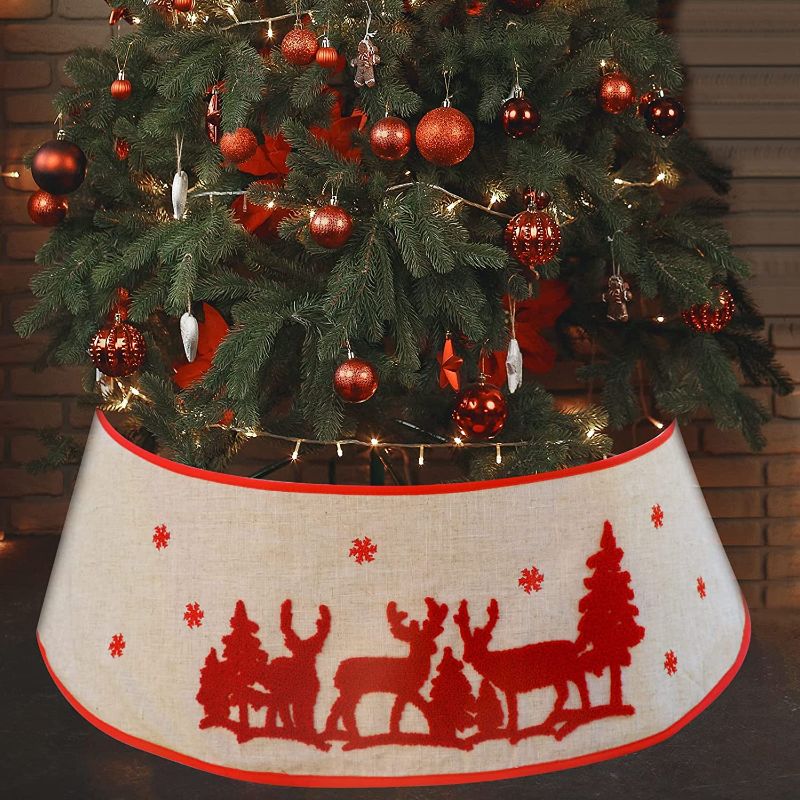 Photo 1 of 30-Inch Diameter Base Christmas Tree Collar, Elk Design Hexagon Tree Skirt Xmas Tree Cover Christmas Ring Tree Home Decorations Gift Box Holiday