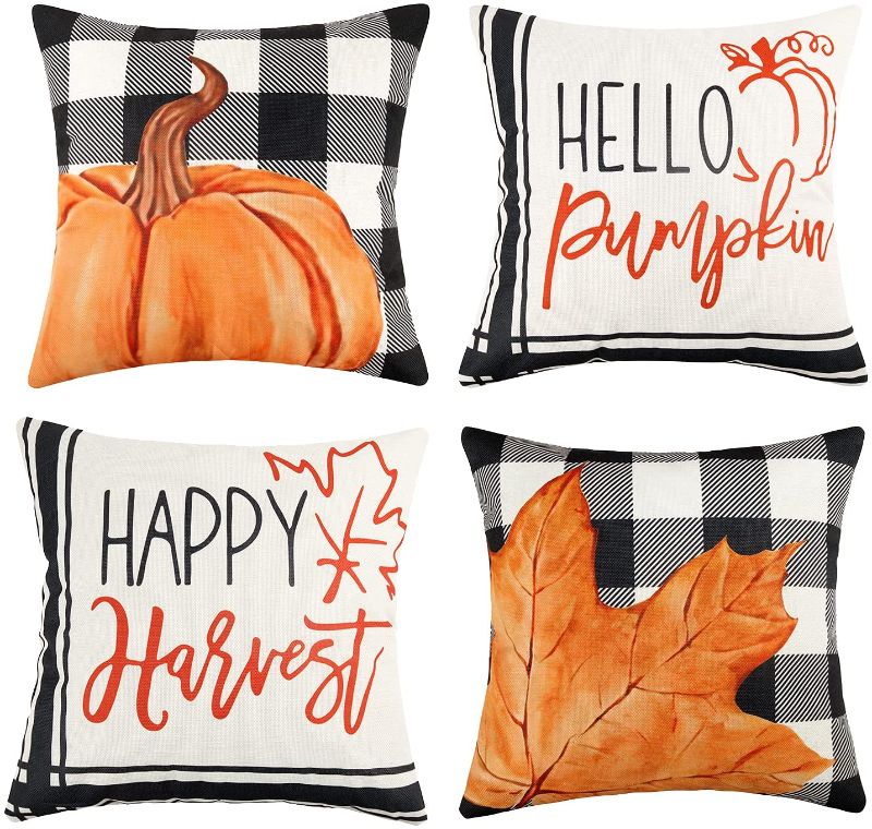 Photo 1 of Adabana Fall Pillow Covers 20x20 Set of 4 Fall Outdoor Throw Pillow Covers Buffalo Plaid Pumpkin Maple Leaf Thanksgiving Decorative Throw Pillows Farmhouse Autumn Pillow Cases for Couch