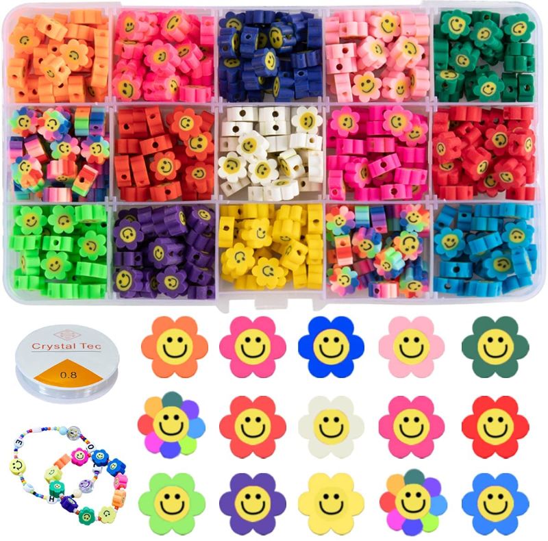 Photo 1 of OLCHEE 450pcs Boxed Flower Smiley Face Beads Flat Polymer Clay Beads for Jewelry Making DIY Happy Face Loose Spacer Beads for Bracelets Necklace Earring Craft Accessories (14 Colors, 10×5mm)