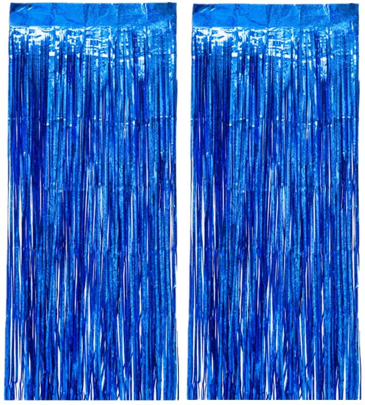 Photo 1 of 2 PACK - BEILAI 2 Pack 3.2 ft x 8.2 ft Foil Curtains Metallic Blue Fringe Curtains Shimmer Tinsel Curtain for Birthday Wedding Party Christmas Decorations (Shiny Blue)