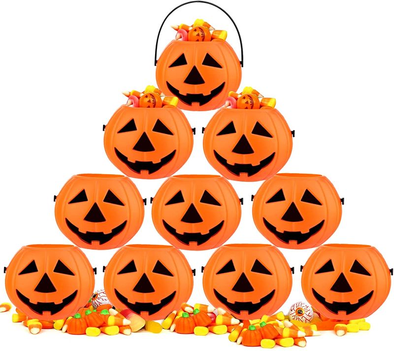 Photo 1 of 2 PACK 10Pcs Mini Halloween Pumpkin Bucket Portable Children Pumpkin Candy Pail Pumpkin Trick or Treat Buckets for Kids Halloween Party Supplies