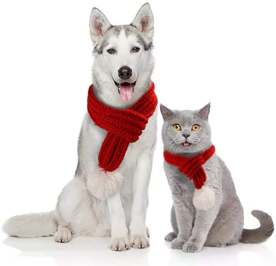 Photo 1 of 2 PACK - NACOCO Christmas Dog Knitted Scarf with White Pompom Warm Bandana Winter Holiday Pet Accessories Cat Scarves for Small Medium Cats Dogs Lovely Winter Outfits MEDIUM