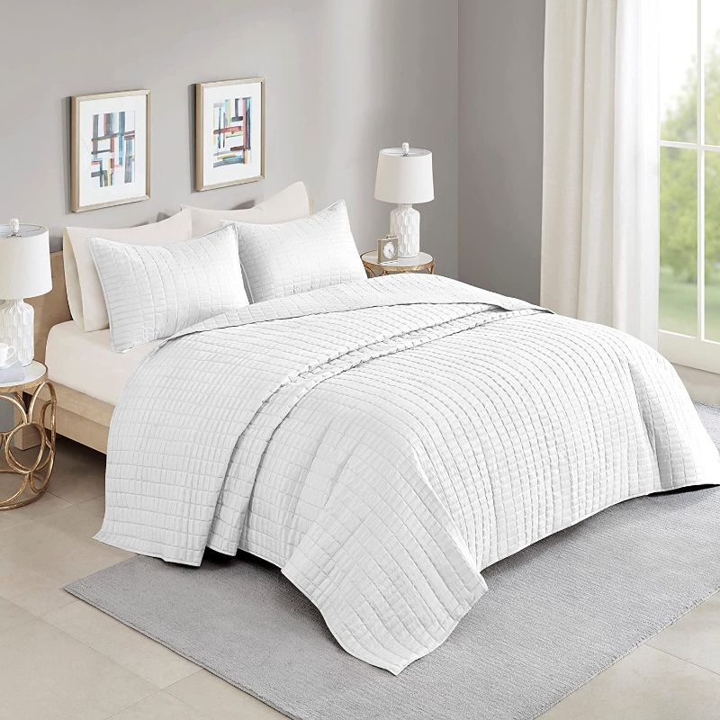 Photo 1 of Comfort Spaces Kienna Quilt Set-Luxury Double Sided Stitching Design All Season, Lightweight, Coverlet Bedspread Bedding, Matching Shams, Oversized King(120"x118"), White 3 Piece
