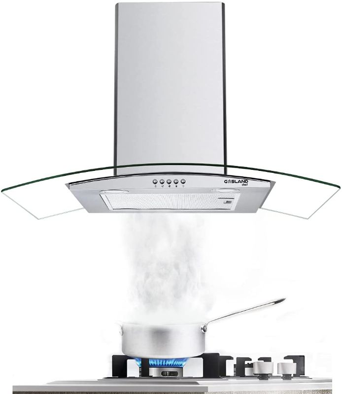 Photo 1 of 30" Range Hood, GASLAND Chef ECO GR30SP Glass Wall Mount Range Hood, 3 Speed 210 CFM Ducted Kitchen Hood with LED Lights, Push Button Control, Convertible Chimney, Aluminum Filter
