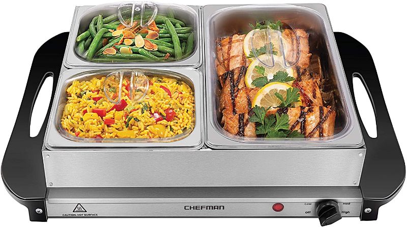Photo 1 of Chefman Electric Buffet Server + Warming Tray w/Adjustable Temperature & 3 Chafing Dishes, Hot Plate Perfect for Holidays, Catering, Parties, Events & Home Dinners, 14" x 14" Surface, Stainless Steel
