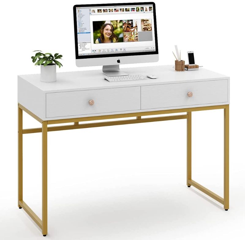 Photo 1 of Tribesigns Computer Desk, Modern Simple 47 inch Home Office Desk Study Table Writing Desk with 2 Storage Drawers, Makeup Vanity Console Table, White and Gold
