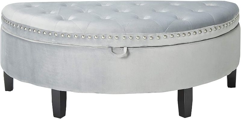 Photo 1 of Iconic Home Jacqueline Half Moon Storage Ottoman Button Tufted Velvet Upholstered Gold Nailhead Trim Espresso Finished Wood Legs Bench Modern Transitional, Silver
