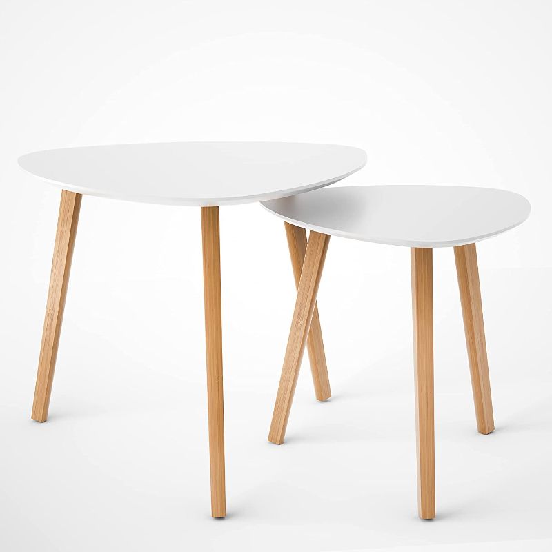 Photo 1 of BAMEOS Bamboo Nesting Triangle End Table,Set of 2 Coffee Table Modern Minimalist Side Table for Living Room, Balcony in White
