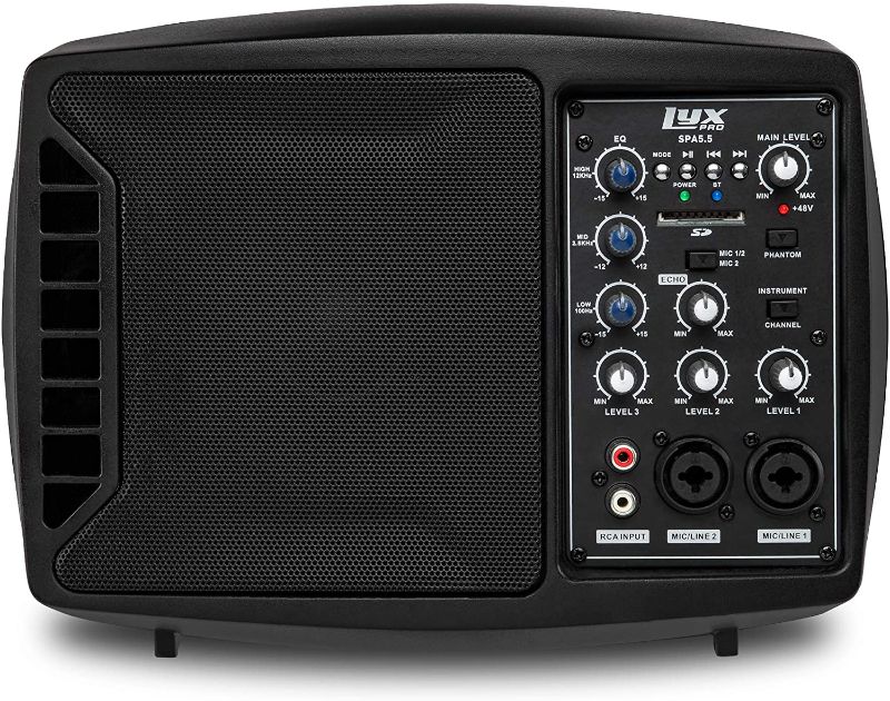 Photo 1 of LyxPro SPA-5.5 Small PA Speaker Monitor Class-D Amplifier 3 Channel Mixer 3 Band EQ, Powerful Compact Active Speaker System amp with mixer 48V Phantom Power

