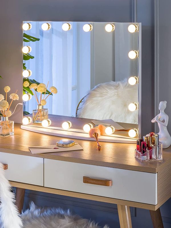 Photo 1 of LUXFURNI Vanity Mirror with Makeup Lights, Large Hollywood Light up Mirrors w/ 18 LED Bulbs for Bedroom Tabletop & Wall Mounted, White
