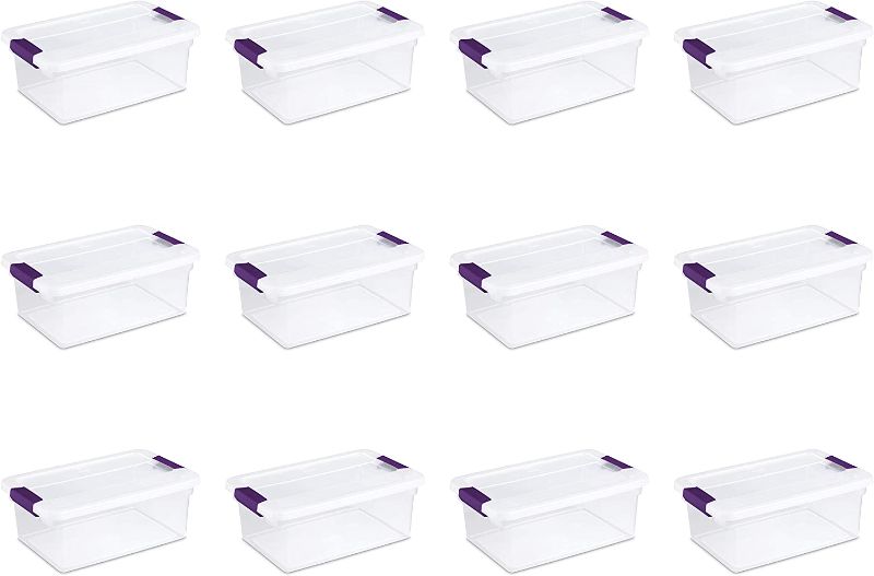 Photo 1 of Sterilite 17531712 15 Quart/14 Liter ClearView Latch Box, Clear with Sweet Plum Latches, 12-Pack
