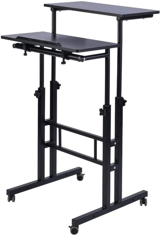 Photo 1 of AIZ Mobile Standing Desk, Adjustable Computer Desk Rolling Laptop Cart on Wheels Home Office Computer Workstation, Portable Laptop Stand for Small Spaces Tall Table for Standing or Sitting, Black
