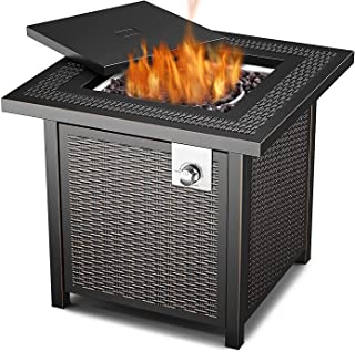 Photo 1 of 28" Propane Fire Pit Table, Black Outdoor Fire Table, Square Rattan Plaited Fire Table with Lid,50000 BTU Auto Ignition, 2 in1 Fire Pit Table for Courtyard/Patio/Balcony
