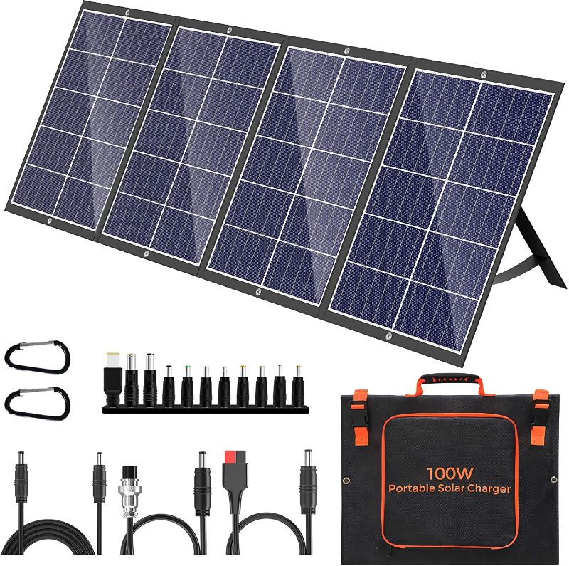 Photo 1 of 100W Portable Solar Panel Kit with Stand Foldable Solar Panel Charger for Jackery Power Station, 8mm Goal Zero Yeti Power Station, Suaoki Portable Generator, Phones, Laptop, with QC 3.0 USB DC Ports
