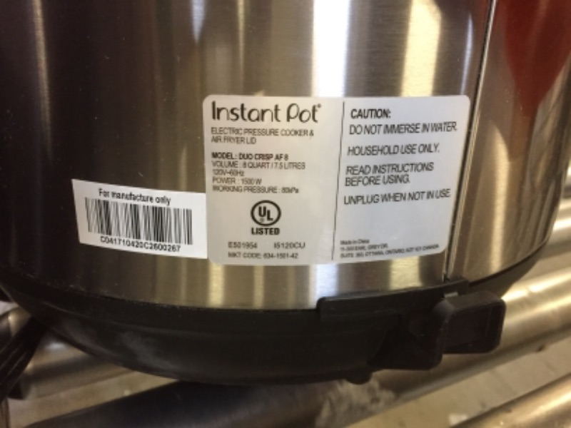 Photo 1 of Instant Pot Duo Crisp 11-in-1 Electric Pressure Cooker with Air Fryer Lid, 8 Quart Stainless Steel/Black, Air Fry, Roast, Bake, Dehydrate, Slow Cook, Rice Cooker, Steamer, Sauté
