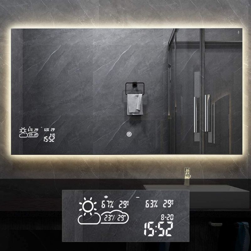 Photo 1 of BYECOLD Smart Vanity Bathroom Mirror with Backlit LED Light Touch Switch Defogger Weather Time LED Lighted Makeup Mirror Anti Fog Mirror Bathroom Wall Mirror Horizontal - 47.2''x 23.6''
