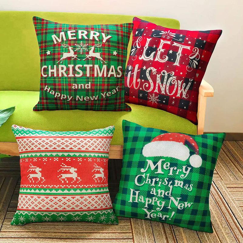 Photo 1 of 4 set 18x18 inch Linen Christmas Pillowcases Red&Green Plaid Deer Red Buffalo 