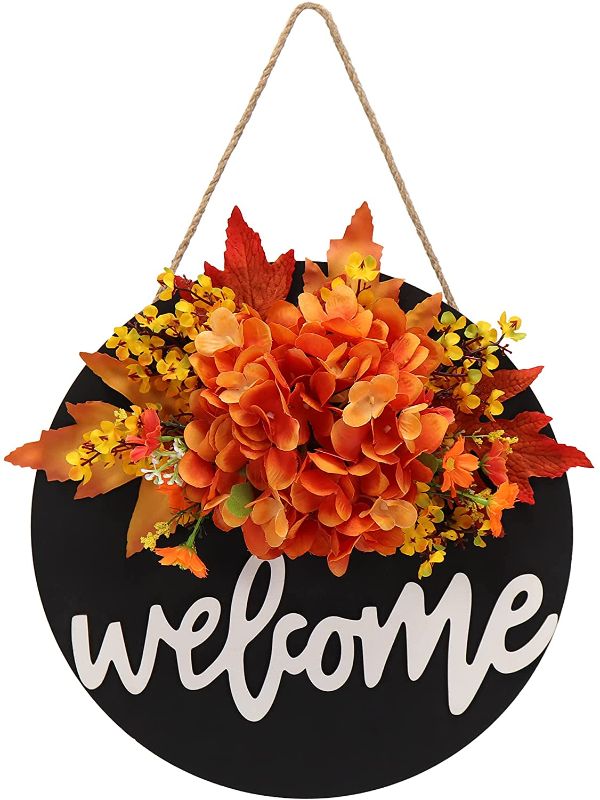 Photo 1 of 12'' Fall Wreaths for Front Door Artificial Fall Wreath Hanger Welcome Sign Flower Farmhouse Door Porch Home Decor Wreaths Decoration