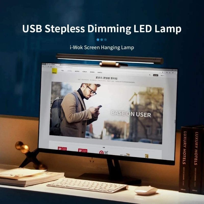 Photo 1 of Computer ScreenBar Original for BASEUS iWok Stepless Dimming Screen Hanging Light e-Reading LED Task Lamp, No Glare on Screen, USB Powered Adjustable Brightness Color Temperature Reading Light