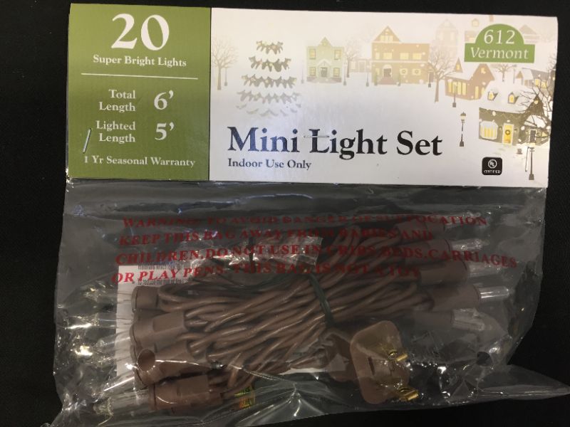 Photo 2 of 612 Vermont 20 Clear Mini Christmas String Lights on Brown Wire Cord, UL Approved for Indoor Use Only, 5 Foot of Lighted Length, 6 Foot of Total Length