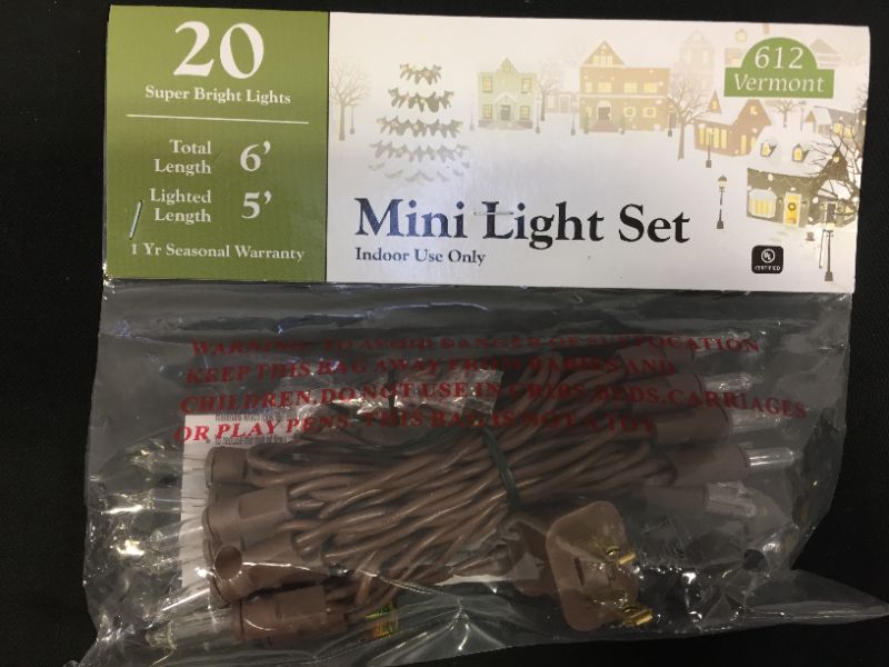 Photo 1 of 612 Vermont 20 Clear Mini Christmas String Lights on Brown Wire Cord, UL Approved for Indoor Use Only, 5 Foot of Lighted Length, 6 Foot of Total Length