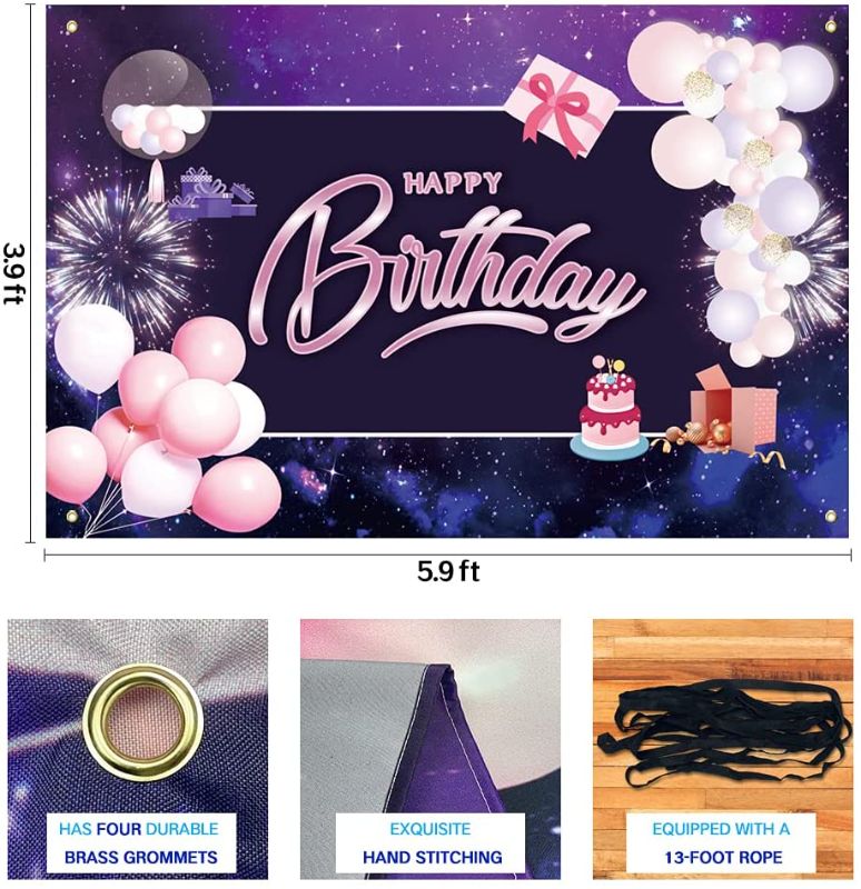 Photo 2 of AUBAO Happy Birthday Banner Background Birthday Party Decorations for Men Women 30th 40th 50th 60th 70th 80th Birthday Party - Purple Pink