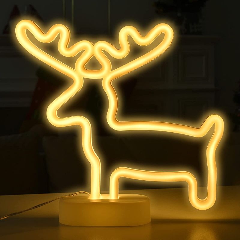 Photo 1 of **battery not included** Warm White Reindeer Indoor Night Table Lights with Battery or USB Powered, Christmas Decorations Indoor LED Neon Signs Lights for Room, Wall, Christmas Tree Decor, for Kids, Friends
