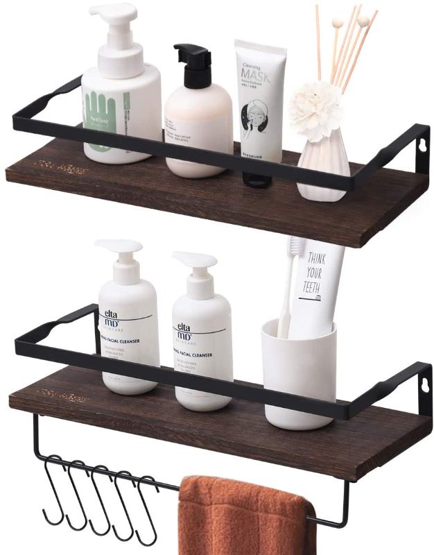 Photo 1 of Z&L HOUSE Bathroom Shelf Wall Mounted, 2 Sets 100% Paulownia Wood Storage Shelves with Towel Bar and 5 Hooks, for Kitchen Bedroom and Bathroom Floating Shelves Set
