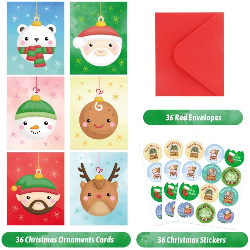 Photo 2 of 36Pcs Christmas Ornaments Cards Mini Christmas Greeting Cards Festive Holiday Cards with Merry Christmas Stickers and Red Envelopes Winter Present Cards for Kids
