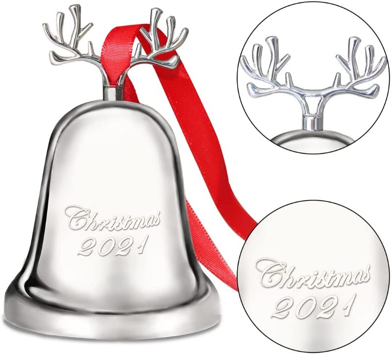 Photo 1 of 2021 Annual Christmas Bell,Silver Bell Ornament for Christmas Decorations, Bell Ornament for Christmas Anniversary,Red Ribbon & Gift Box
