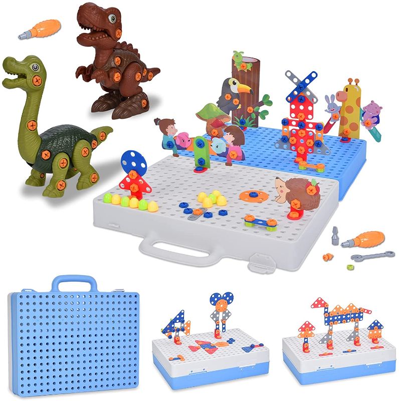 Photo 1 of ROVXANY Creative Mosaic Drill Set for Kids, Take Apart Dinosaurs Toys for Kids, 3D Design Screw STEM Toy Set with Flower and Animal Parts, Engineering Construction Block Building Set for Kids 3-9
