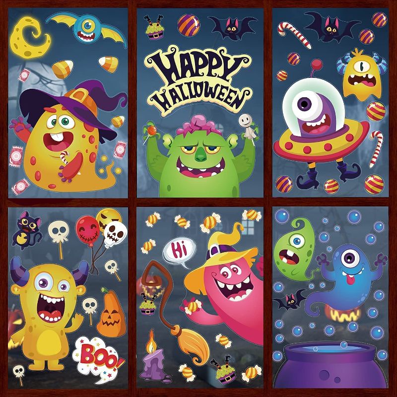 Photo 2 of 8 Sheets Happy Halloween Window Clings for Kids,Cute Monster Halloween Window Stickers Decor Double-Side
