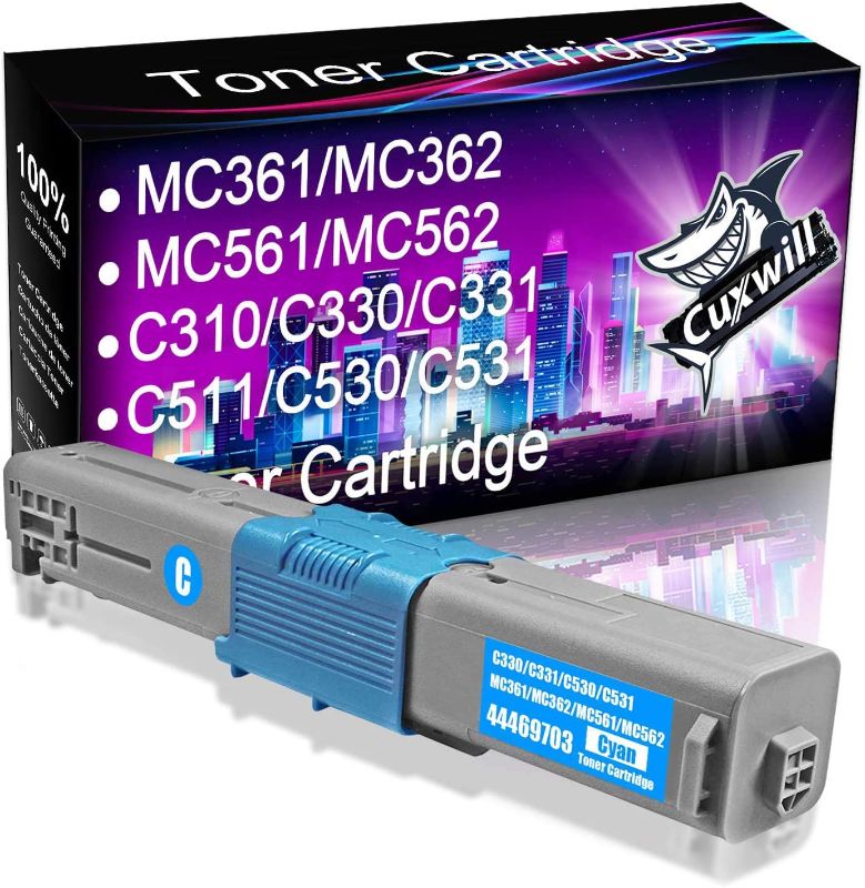 Photo 1 of **brand new factory sealed** Cuxwill Compatible Toner Cartridge (Cyan) Used for Oki MC361 MC362w C330dn C531dn MC562w C331dn C530dn MC561 C310dn C511dn C332dn Printer, Replacement for Okidata 44469703 Type C17 Toner Cartridge
