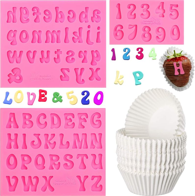 Photo 1 of 3 Pieces Letters Silicone Mold Number Resin Mold Silicone Fondant Mold Chocolate Molds Lowercase Uppercase 0-9 Number Handmade Moulds with 200 Pieces White Cupcake Liners Paper Baking Cups for Baking
