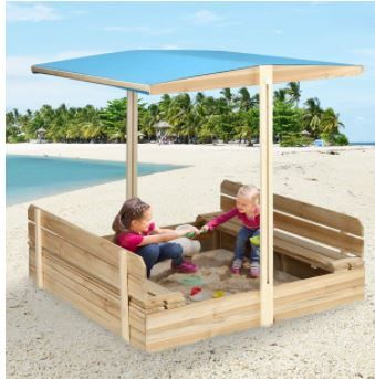 Photo 1 of KINGSO Kids Sandbox with Cover Wooden Outdoor Sandbox with Canopy, with 2 Bench Seats, Sandbox with Canopy for Backyard Home Garden Beach
