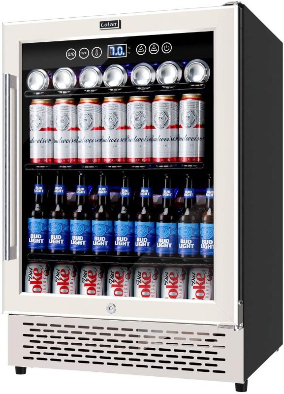 Photo 1 of Colzer 24 inch Beverage Refrigerator with Glass Door 180 Cans Mini Beverage Cooler Under Counter Frestanding Built in Center Garage Fridge with Lock for Drink Beer Soda Wine Water
