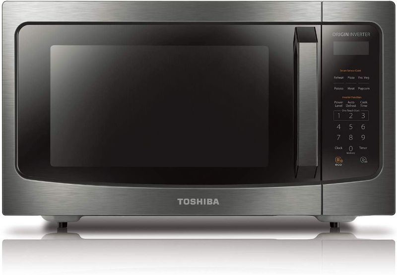 Photo 1 of Toshiba ML-EM45PIT(BS) Microwave Oven with Inverter Technology, LCD Display and Smart Sensor, 1.6 Cu.ft, Black Stainless Steel
** HAS A CRACK ON TOP OF DOOR **