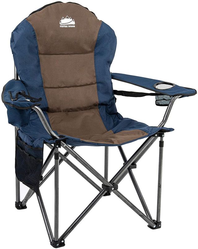 Photo 1 of Coastrail Outdoor Camping Chair with Lumbar Back Support, Oversized Padded Lawn Chair Folding Quad Arm Chair with Cooler Bag, Cup Holder & Side Pocket, Supports 400lbs