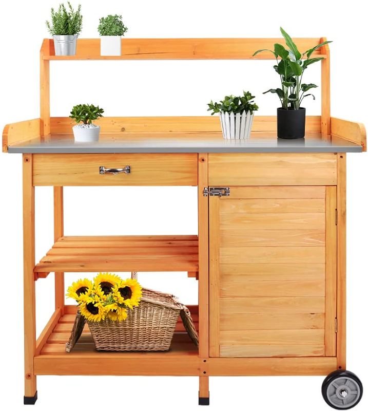 Photo 1 of  ToteBox Potting Bench, Potting Bench Table Garden Outdoor Work Station with Metal Table Top, Cabinet, Sliding Drawer, Two-Tier Bottom Shelf and Wheels
