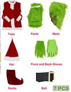 Photo 1 of Earado Christmas Green Big Monster Santa Costume for Men 7 PCS Deluxe Furry Adult Santa Suit Xmas Holiday Outfit Set
