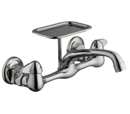 Photo 1 of 2-Handle Wall-Mount Kitchen Faucet with Soap Dish in Chrome
