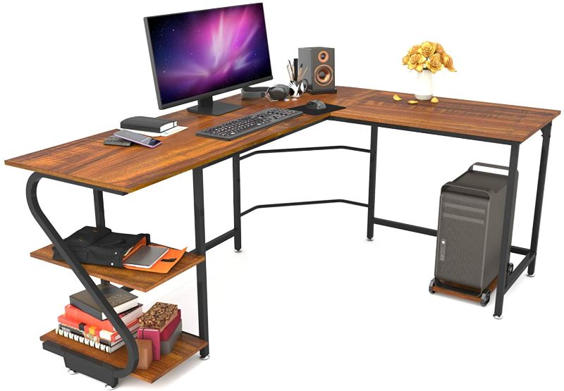 Photo 1 of Weehom Reversible L-Shaped Desk with Shelves Large Corner Gaming Computer Desks for Home Office Writing Workstation Wooden Table
