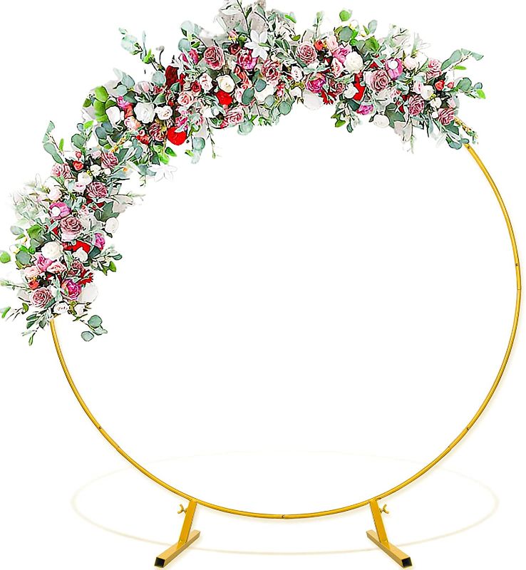 Photo 1 of 7.2 Ft Golden Metal Round Backdrop Stand Circle Arch for Balloon Arch Stand Circle Backdrop Stand Suitable for Birthday Wedding Party Baby Shower Background Decoration

