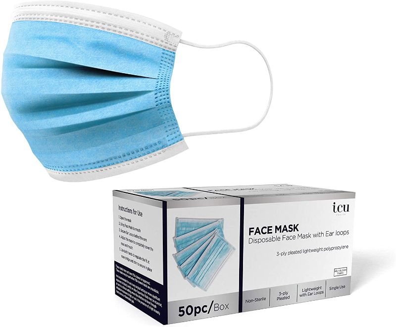 Photo 1 of 50 Protective Face Masks by ICU Health - Basic Single Use Face Mask with 3 Layer Construction (50 pieces/box)
