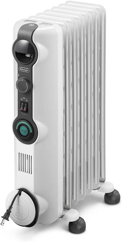 Photo 1 of De'Longhi Oil-Filled Radiator Space Heater Energy Saving, Safety Features, Nice for Home with Pets/Kids, 9"w x 7"d x 10"h, Light Gray-Comfort Temp
